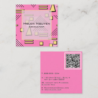 Tarjeta De Visita Cuadrada Consultor de código QR retro Memphis rosa de los 8
