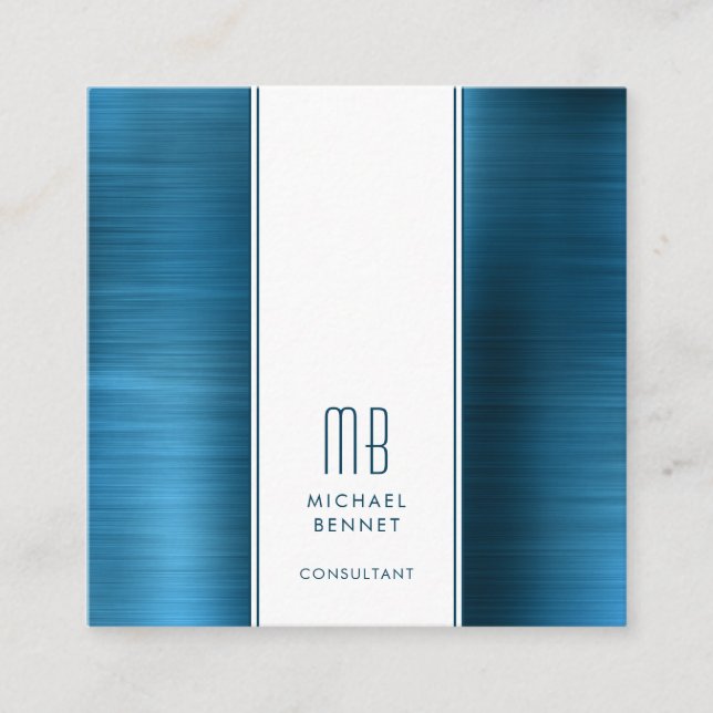 Tarjeta De Visita Cuadrada Consultor Monogramed Blue Metallic Relieve metaliz (Anverso)