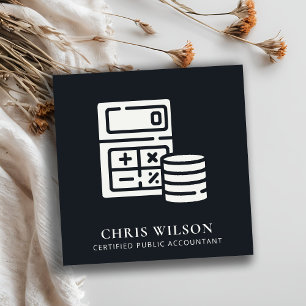 TARJETA DE VISITA CUADRADA CONTABILIDAD DE ICONOS DE MONEDA DE CÁLCULO BLANC
