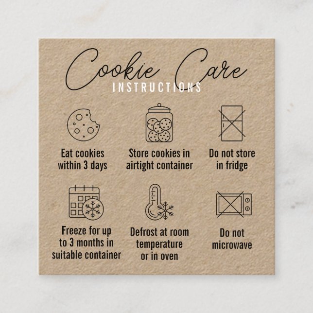 Tarjeta De Visita Cuadrada Cookies Care Instructions Kraft (Anverso)
