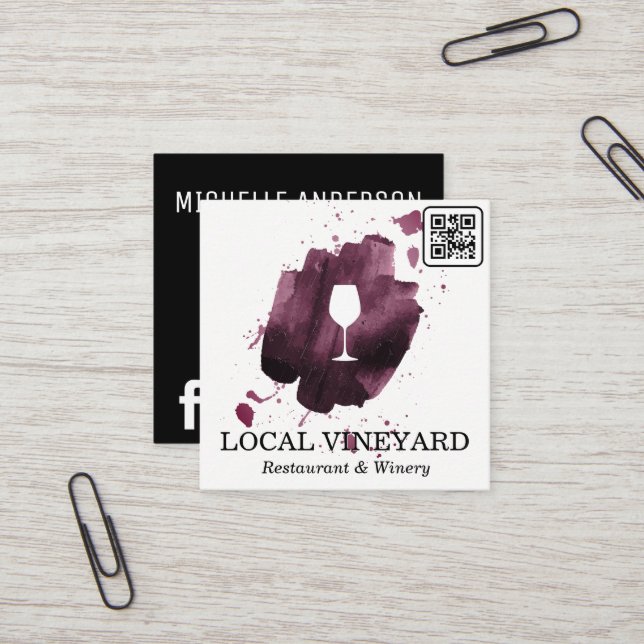 Tarjeta De Visita Cuadrada Copa de vino | Pincel expresivo | Código QR (Anverso/Reverso In Situ)
