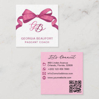 Tarjeta De Visita Cuadrada Coquette Fuchsia Bow Monogram Beauty QR Code