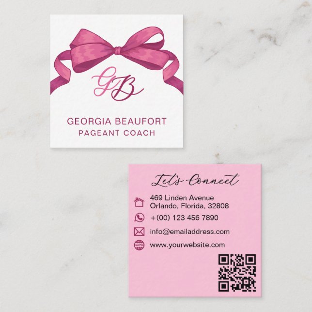 Tarjeta De Visita Cuadrada Coquette Fuchsia Bow Monogram Beauty QR Code (Anverso / Reverso)