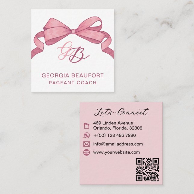 Tarjeta De Visita Cuadrada Coquette Pink Bow Monogram Beauty QR Code (Anverso / Reverso)