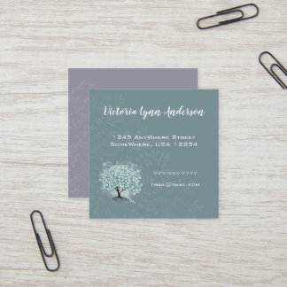 Tarjeta De Visita Cuadrada Corazón de menta azul hoja árbol boho floral y plu