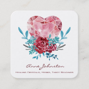 Tarjeta De Visita Cuadrada Corazón de Rubí Boho Floral Acuarela