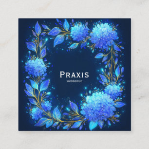 Tarjeta De Visita Cuadrada Corona de Hortensia Azul Dorada Floral de Medianoc
