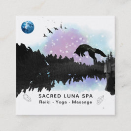 Tarjeta De Visita Cuadrada *~* Cosmic Blue Moon Fox Leaping Pine Tree Rainbow