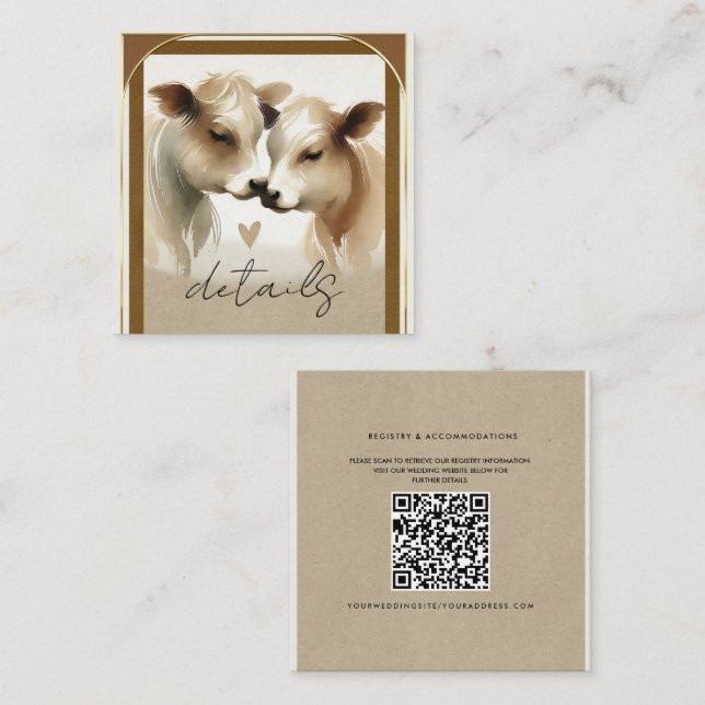 Tarjeta De Visita Cuadrada Cow Love Brown Cream Country Wedding Details (Anverso / Reverso)