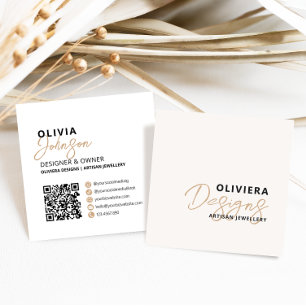 Tarjeta De Visita Cuadrada Crema elegante moderna + código QR de escritura am