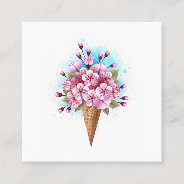Tarjeta De Visita Cuadrada Crema rosa de hielo Sakura Waffle Cone (Anverso)