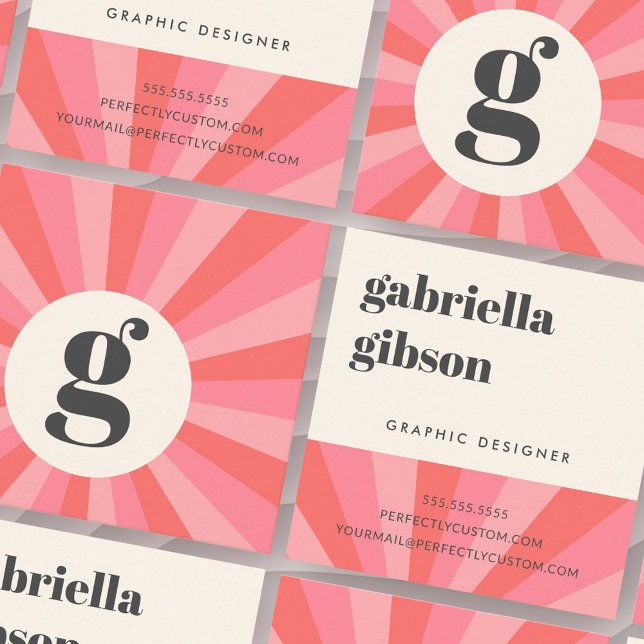 Tarjeta De Visita Cuadrada Crema rosa monogramo mínima retro de estallido sol (Trendy retro sunburst minimal monogram pink cream square business card)