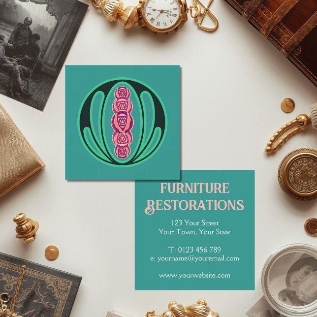 Tarjeta De Visita Cuadrada Crema Verde Art Nouveau (Art nouveau business card perfect for an antique dealer, furniture restoration, interior designer.)