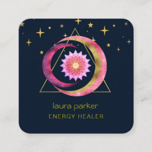 Tarjeta De Visita Cuadrada Crescent Moon Mystic Lotus Flower Heather Energy
