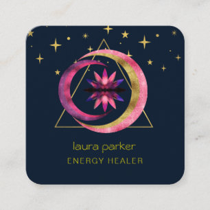 Tarjeta De Visita Cuadrada Crescent Moon Mystic Lotus Flower Heather Energy