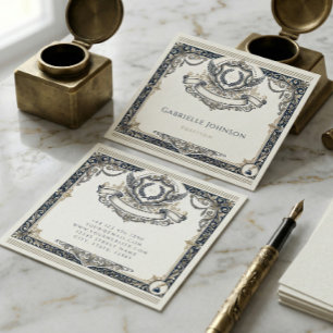 Tarjeta De Visita Cuadrada Crest Monograma Iniciales Vintage Elegantes de Luj