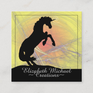 Tarjeta De Visita Cuadrada Criando unicornio negro (amarillo y púrpura)