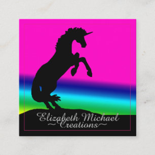 Tarjeta De Visita Cuadrada Criando unicornio negro (arco iris)
