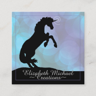 Tarjeta De Visita Cuadrada Criando Unicornio negro (círculos verdes azules)