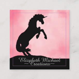 Tarjeta De Visita Cuadrada Criando unicornio negro (rosa oxidado)