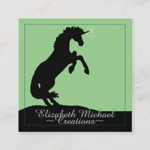 Tarjeta De Visita Cuadrada Criando unicornio negro (verde claro)