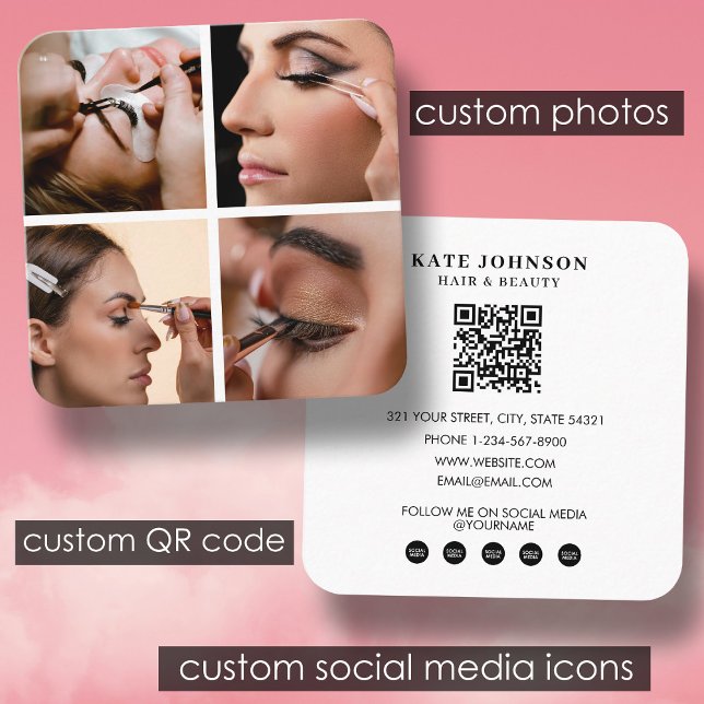 Tarjeta De Visita Cuadrada Cristales Artista de maquillaje de Salón de Bellez (Lashes Beauty Salon Makeup Artist 4 Photos QR Code Square Business Card)