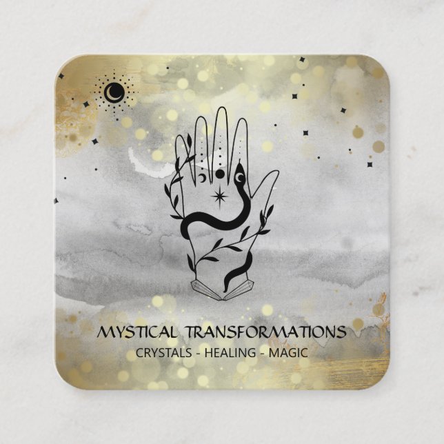 Tarjeta De Visita Cuadrada *~* Cristales Boho Hand Snake Moon Gris mágico  (Anverso)