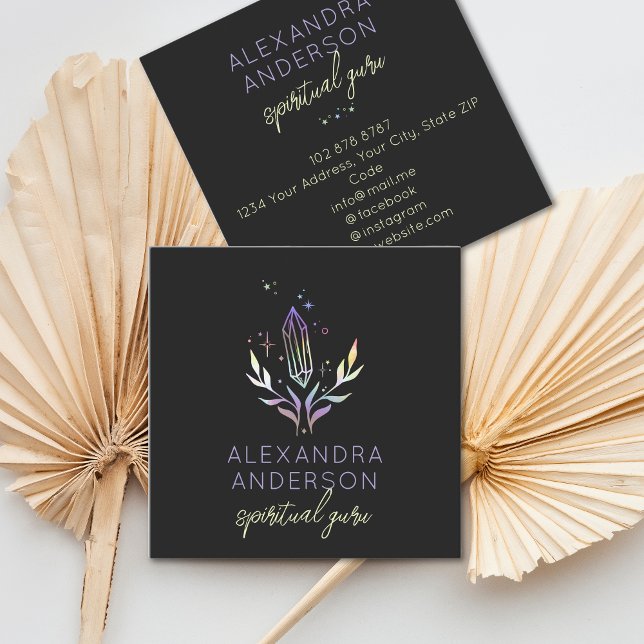 Tarjeta De Visita Cuadrada Cristales espirituales holográficos negro místico (Holographic Spiritual Crystals Mystic Black Square Business Card)