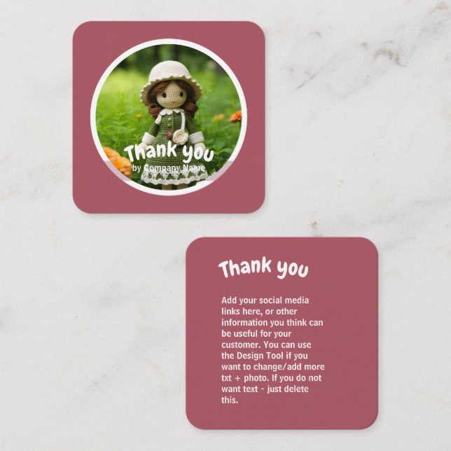 Tarjeta De Visita Cuadrada Crochet lady cocina verde rosa Gracias (Anverso / Reverso)