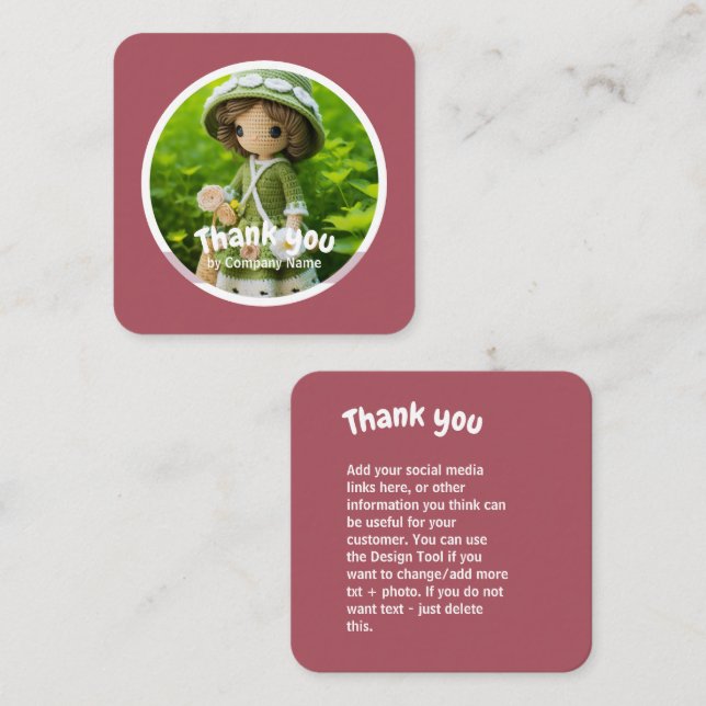 Tarjeta De Visita Cuadrada Crochet lady cocina verde rosa Gracias (Anverso / Reverso)