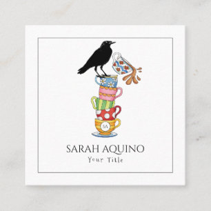 Tarjeta De Visita Cuadrada Crow & Tea Cups Arte Whimsical
