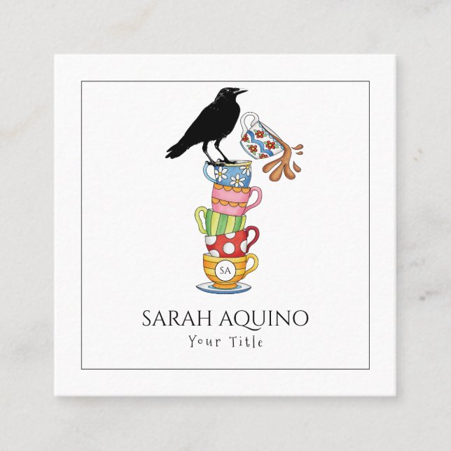 Tarjeta De Visita Cuadrada Crow & Tea Cups Arte Whimsical (Anverso)