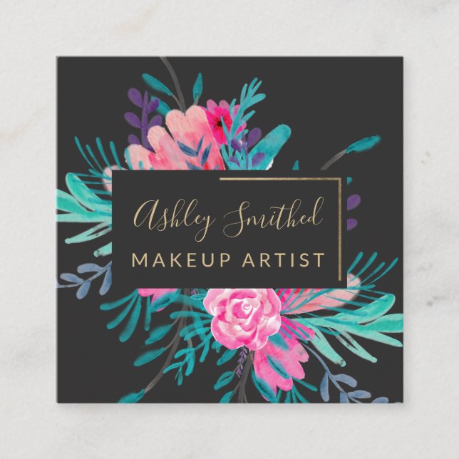 Tarjeta De Visita Cuadrada Cuadrado floral del maquillaje de la acuarela del (Anverso)