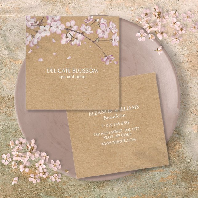 Tarjeta De Visita Cuadrada Cuadrado rosa de flor de piel rústica (Rustic Craft Delicate Blossom Pink Square Square Business Card)
