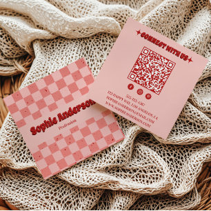 Tarjeta De Visita Cuadrada Cuadro Retro de Pink y Rojo con Código QR