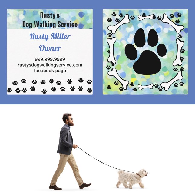 Tarjeta De Visita Cuadrada Cuadros de Perro y Mascota de Huesos (Dog Walking Service Pet Care Business Card. Cute and friendly dog bones and dog paw design. )
