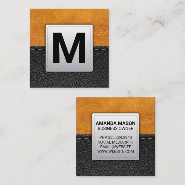 Tarjeta De Visita Cuadrada Cuero marrón | Cuero con título (Anverso / Reverso)