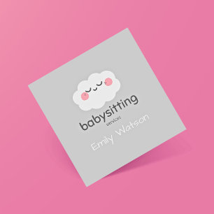 Tarjeta De Visita Cuadrada Cuidada niñera gris rosa de la nube de Kawaii