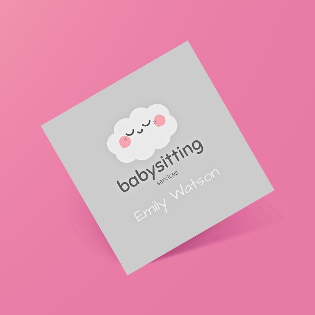 Tarjeta De Visita Cuadrada Cuidada niñera gris rosa de la nube de Kawaii (Subido por el creador)