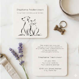 Tarjeta De Visita Cuadrada Cuidador de Mascotas Arte de Línea Minimalista Neg