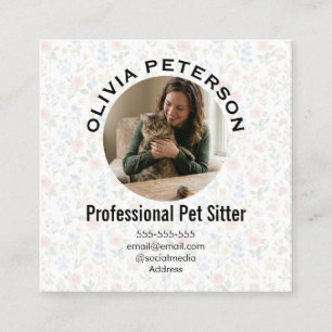Tarjeta De Visita Cuadrada Cuidador de Mascotas con Foto Floral Minimalista 