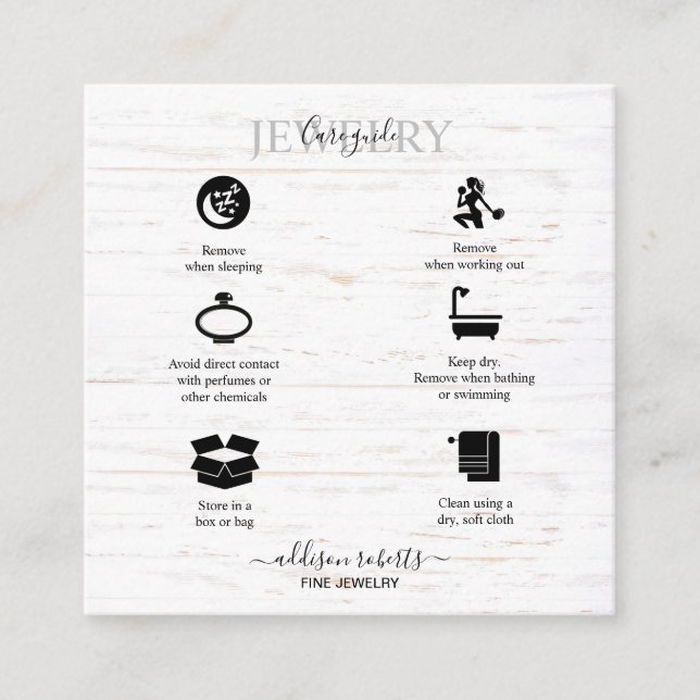 Tarjeta De Visita Cuadrada Cuidados de joyas de girasol de madera rústica (Anverso)