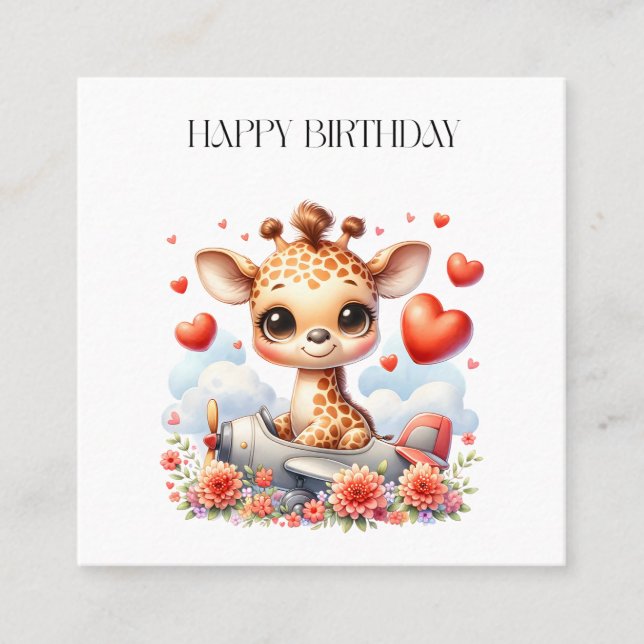 Tarjeta De Visita Cuadrada Cumpleaños de Avión de Jirafa (Anverso)