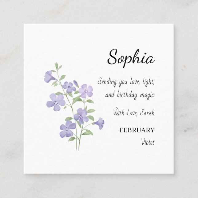 Tarjeta De Visita Cuadrada Cumpleaños Personalizado Violeta de Febrero (Anverso)