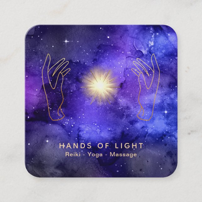 Tarjeta De Visita Cuadrada *~* Curando las manos claras Estrellas Universo Có (Anverso)