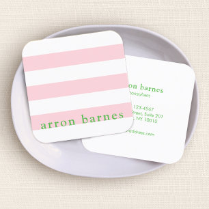 Tarjeta De Visita Cuadrada Curte moderno preppy color rosa rayado verde