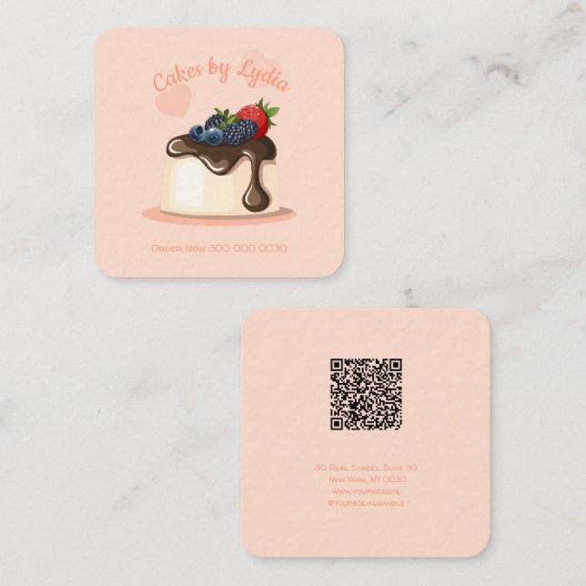 Tarjeta De Visita Cuadrada Custom Cake Bakery Business Card with QR Code (Anverso / Reverso)