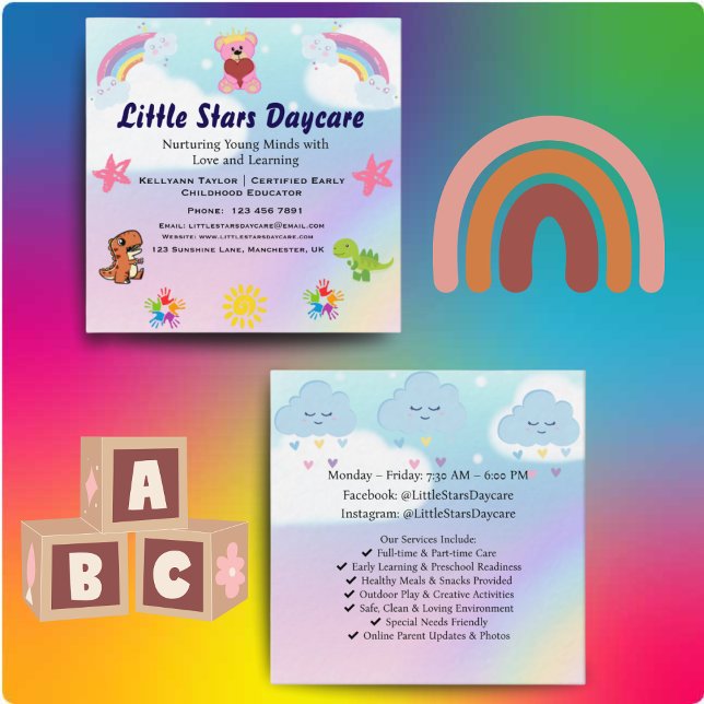 Tarjeta De Visita Cuadrada Custom Daycare Business Card | Cute Pastel Rainbow (Subido por el creador)