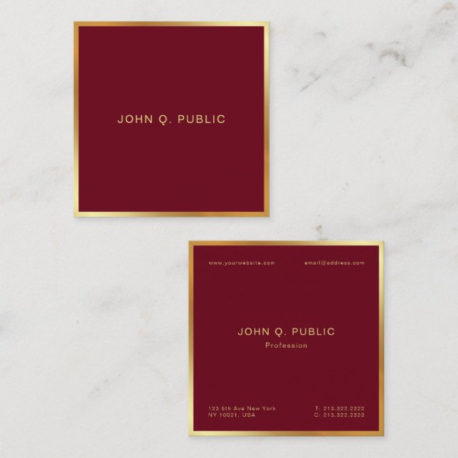 Tarjeta De Visita Cuadrada Custom Elegant Gold Text Burgundy Red Luxe Silk (Anverso / Reverso)