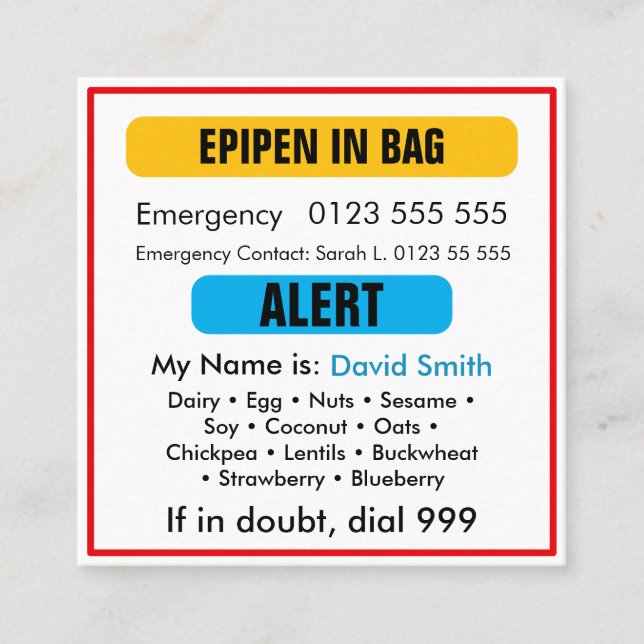 Tarjeta De Visita Cuadrada Custom Medical Alert Orange EpiPen Card  (Anverso)